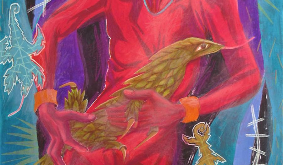 a painting by an Barraclough, a bird being held by a red man.