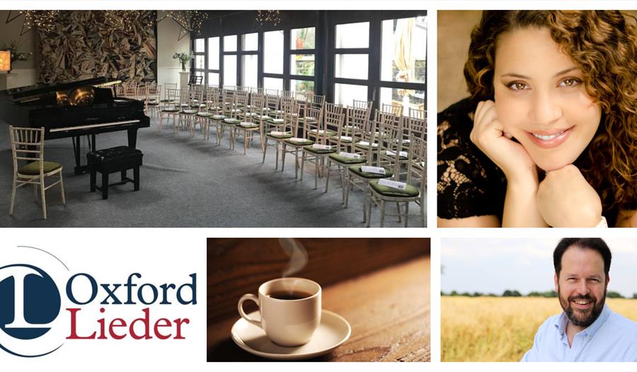 Poaster shows four photographs; room with piano and white chairs; a woman smiling; a man smiling; a coffee cup.