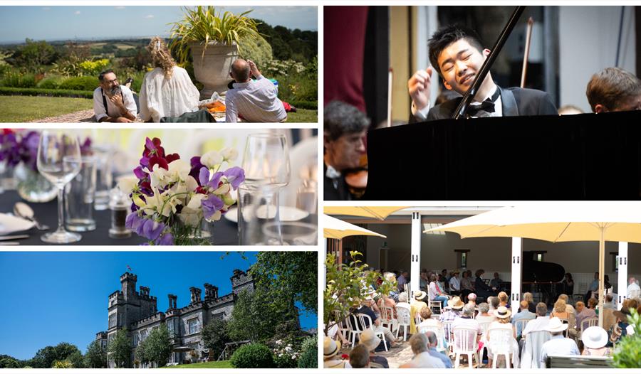 collage of 5 images showing picnic and garden scenes and a pianist