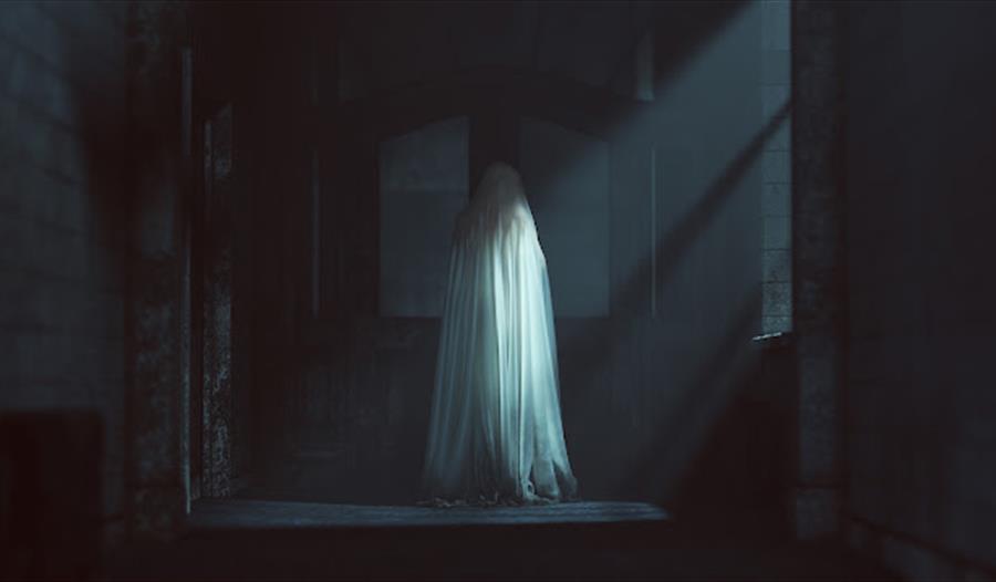 Ghost-like figure beneath a white sheet in a dark corridor lit by a single beam of light.