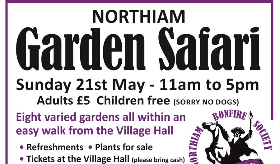 Black and purple poster publicising the Garden Safari event for Northiam Bonfire Society. Man on horse, Dick Turpin style, logo bottom right hand corn