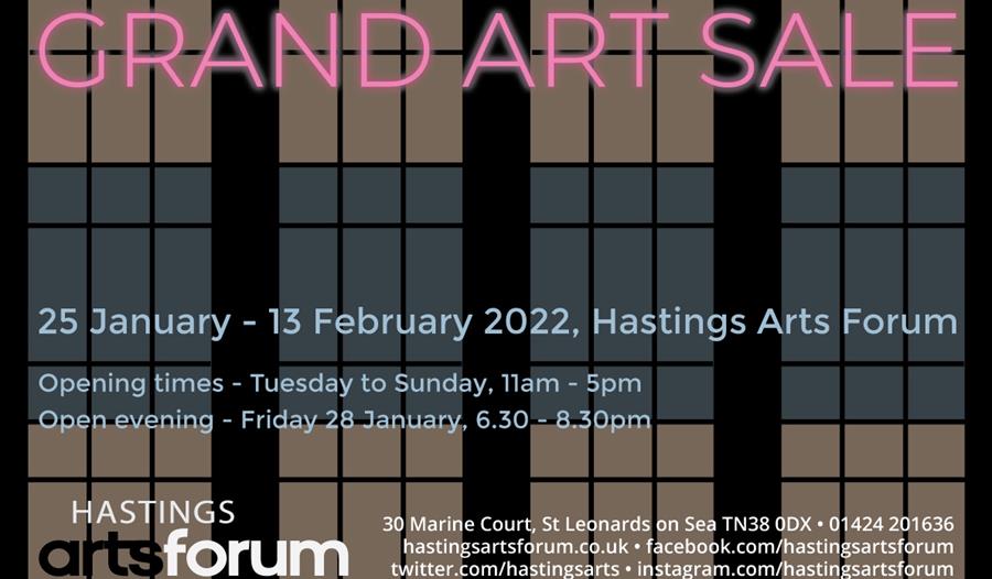 Poster for Grand Art Sale at Hastings Arts Forum contains text against tiled window background.