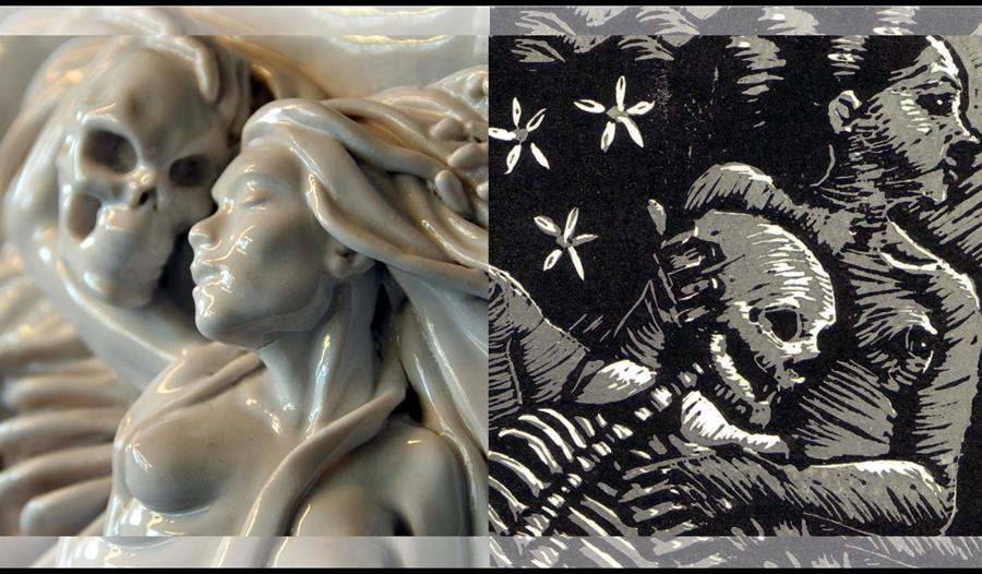 two photographs next to each other showing detail of artworks both of woman holding head of a skeleton. Left one in porcelain sculpture, right one as
