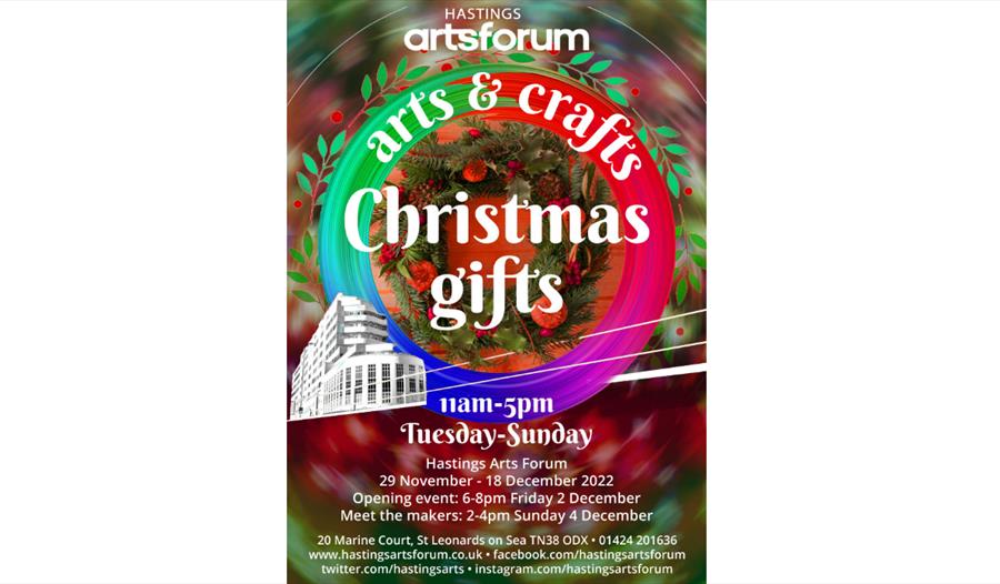 poster with Christmas feel and small graphic of marine court building in st leonards. text in description.