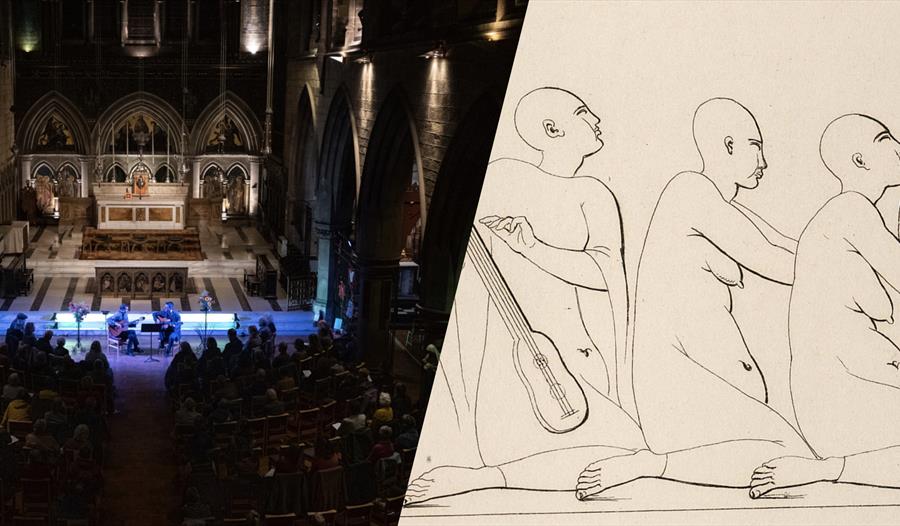 photograph of a concert hall next to a line drawing of three figures playing instruments.