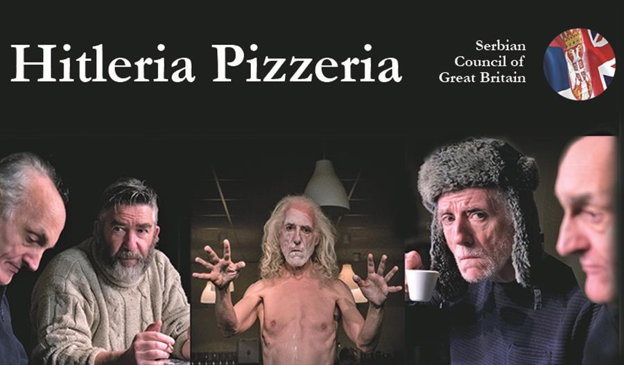 a poster for Hitleria Pizzeria at Stables Theatre. Shows five men.