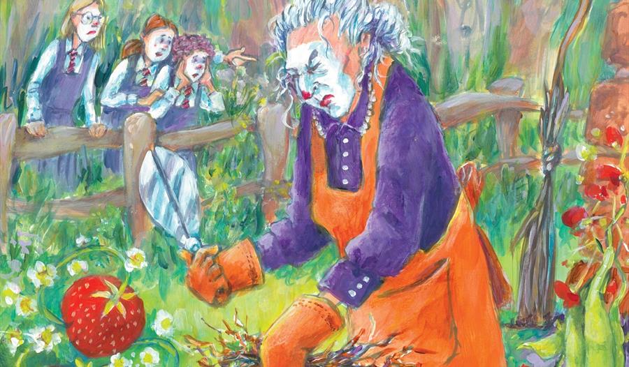 coloured illustration of a character in an orange apron, purple shirt with a white painted face gardening.  Three schoolgirls look in through the fenc