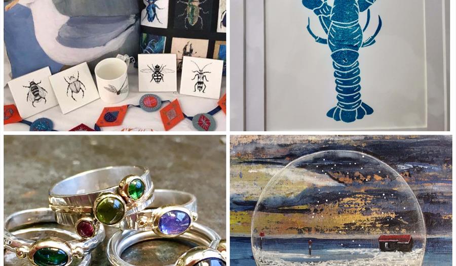 a square with 2x2 grid images of art works displays including jewellery, a print of a blue lobster and a seagull cushion.