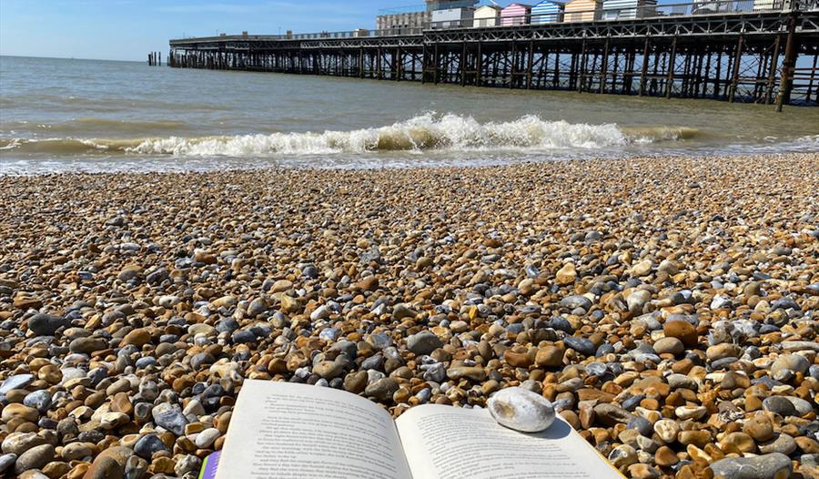 a photograph of hastings beach with book on pebbles in the foreground. Hastings Pier in background to the right.