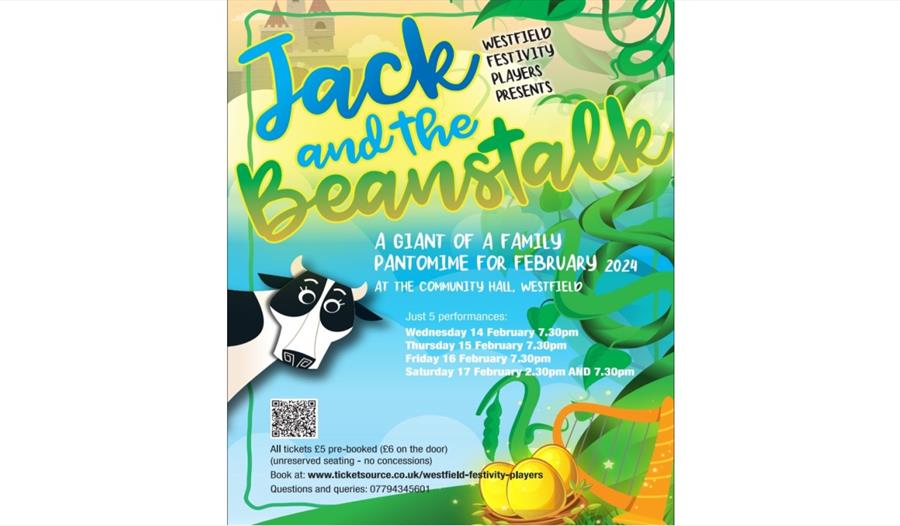 poster for Jack and the Beanstalk, includes graphic of a cow and some beans!