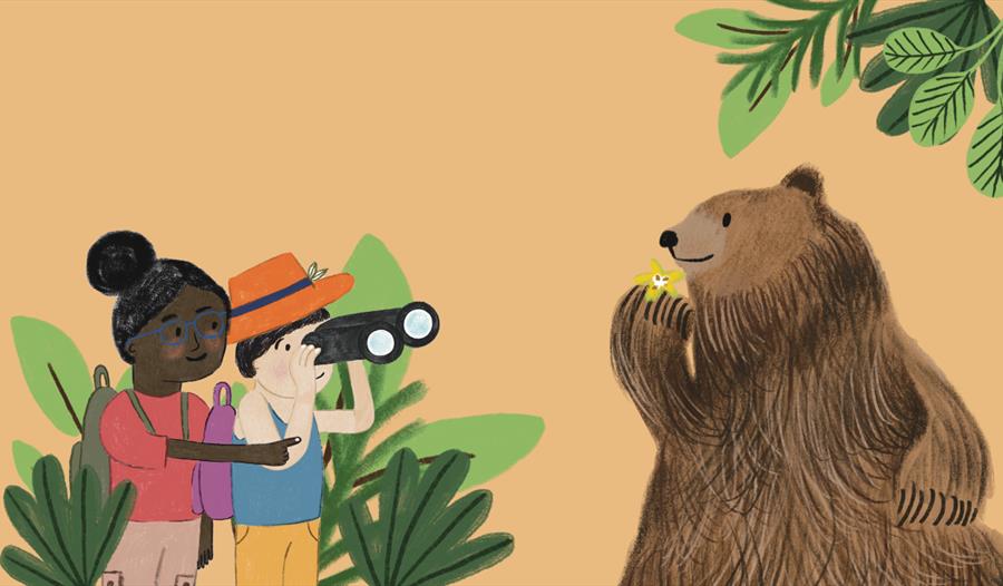 cartoon illustration of two children watching a bear with binoculars