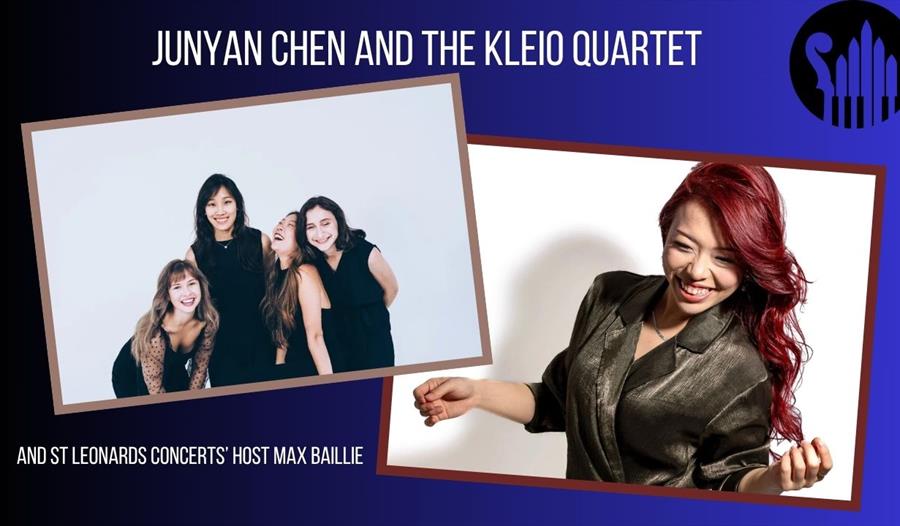 Poster for Junyan Chen and the Kleio Quartet featuring musician portraits on a blue background with St Leonards Concerts branding.