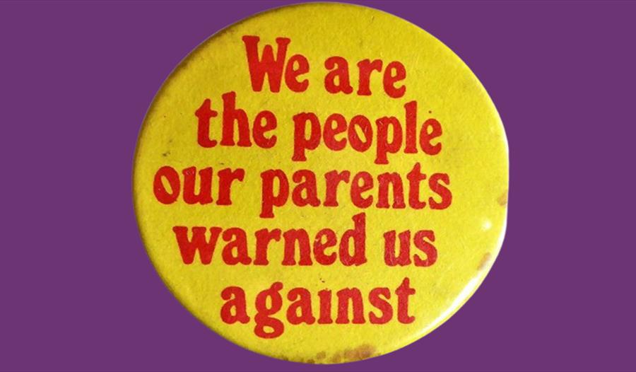 Yellow badge on purple background reading “We are the people our parents warned us against” in bold red text.