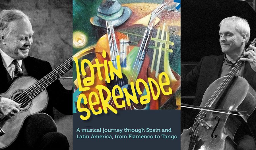 three images in a row. Two on each side are black and white photographs of white male musician wit string instruments. Middle image is a poster saying