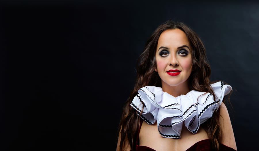 A portrait of a woman wearing a clown's ruff.