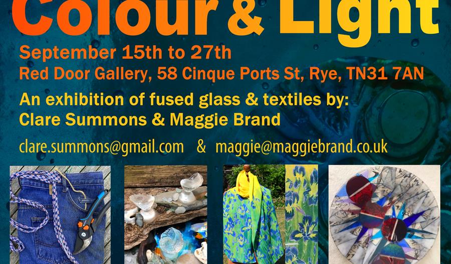 A poster for an exhibition at the Red Door Gallery, Rye, Rother. The name of the exhibition is at the top, called Colour and Light. There are four pic