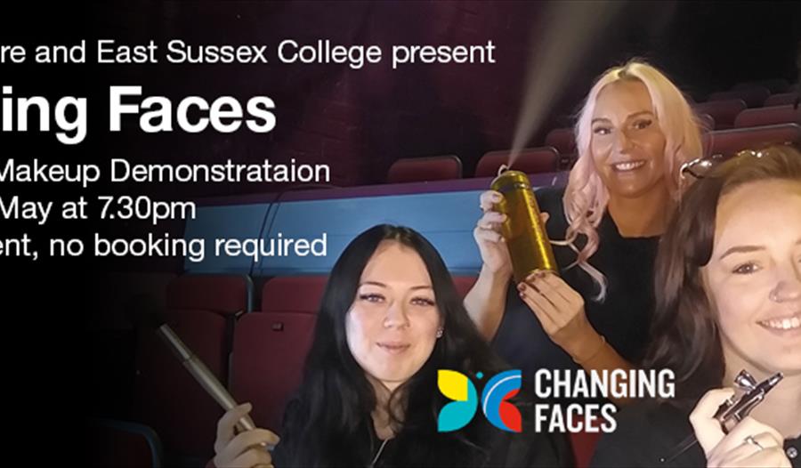 poster. Title reads "Changing Faces". Picture shows four women wearing black tshirts and holding make brushes and tools.