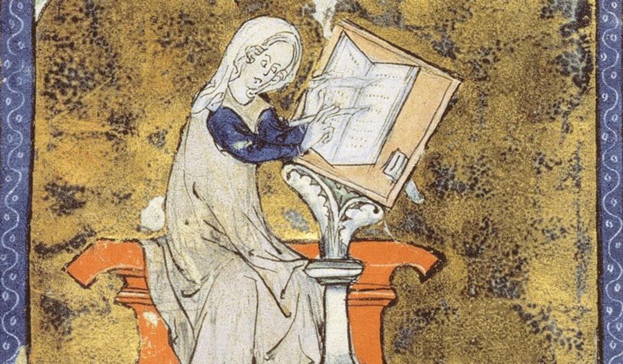 medieval tile of woman looking at book on plinth