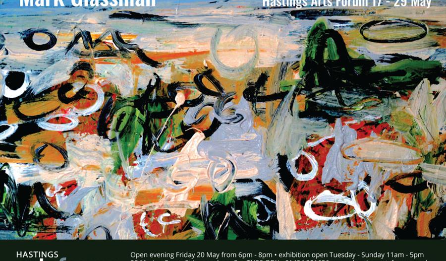 poster for mark glassman at arts forum shows abstract painting with circular brushstrokes in red yellow white green blue