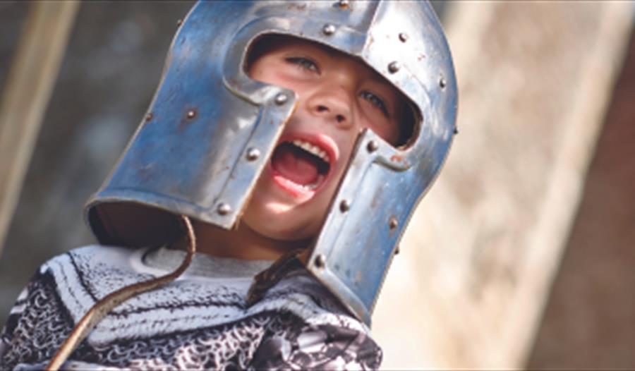 young boy in knight's helmet