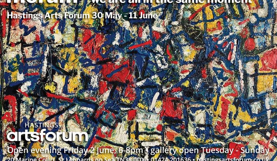 poster with abstract art in blue yellow white and black markings.