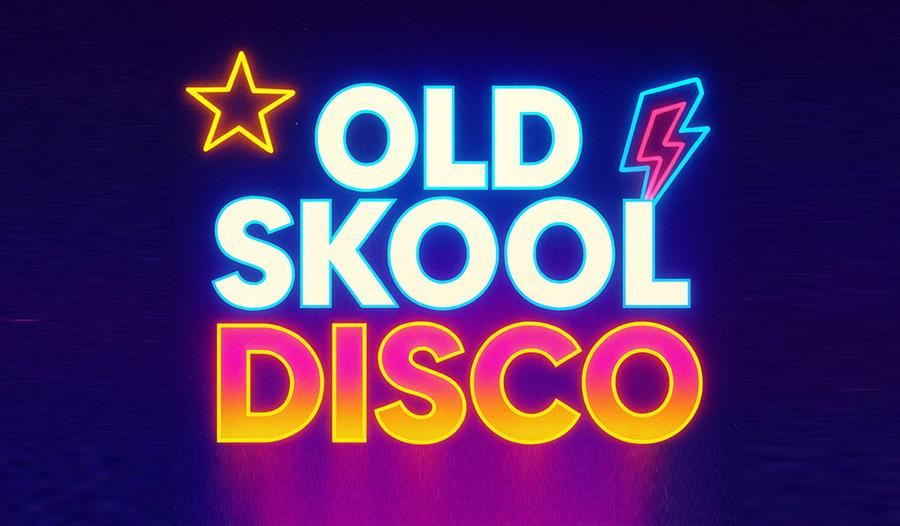 Neon-style “Old Skool Disco” text with star and lightning icons on dark blue background, evoking retro music event poster.