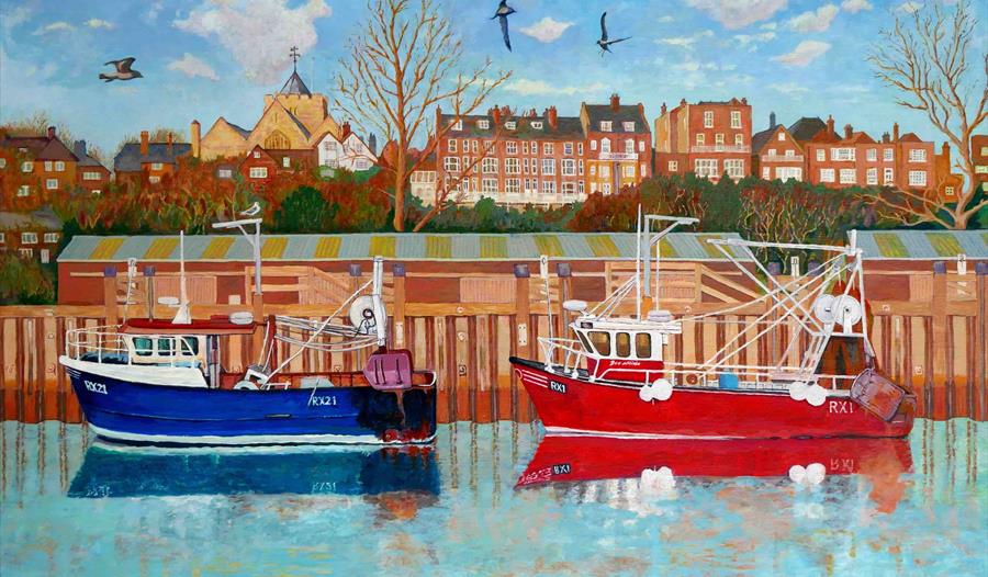 artwork of two small fishing boats, one red and one blue, against a harbour wall.