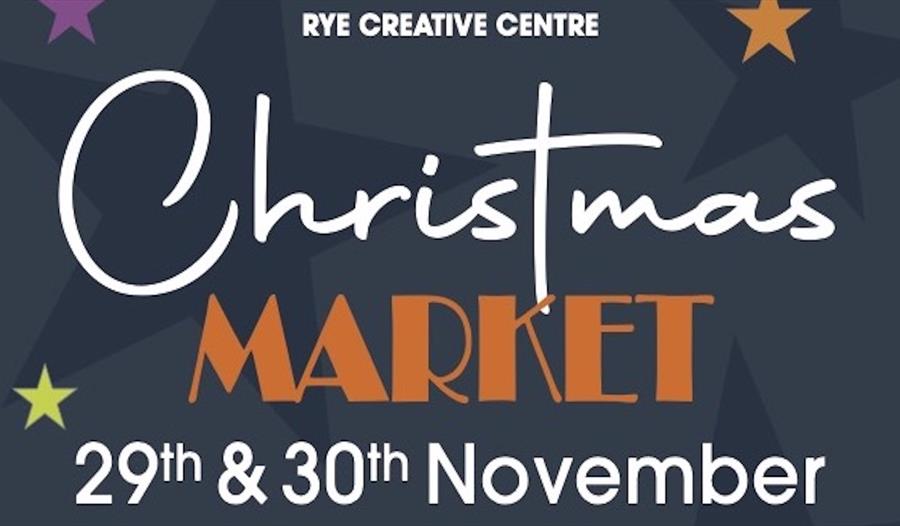 A promotional graphic for a Christmas event. The background is dark blue with large, faint star shapes scattered across it. At the top, in small white