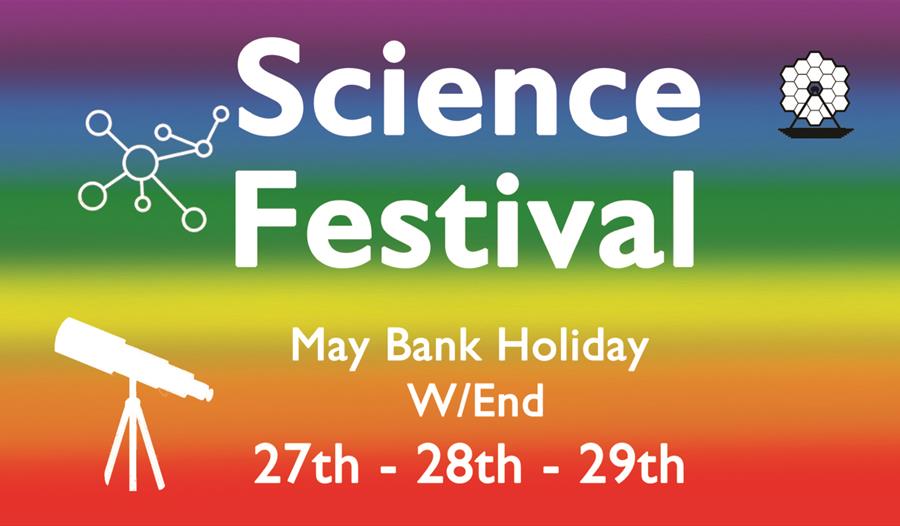 Rainbow coloured poster advertising Science Festival at the Observatory Science Centre 27 - 29 May