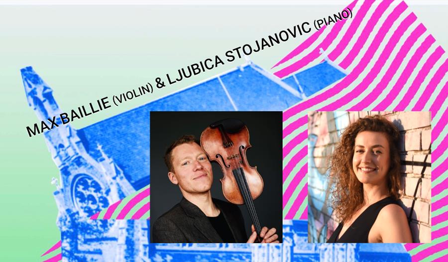 poster with pink green and blue colours for max baillie violin and ljubica strojanovic piano. shows two portraits, one of woman smiling and one of man