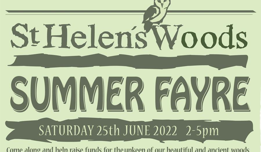 green poster with text saying St Helen's Woods Summer Fayre Saturday 25th June 5 2 til 5pm
