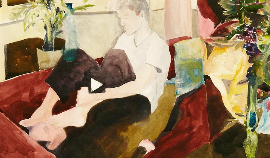 painting by Jamie Atherton shows clothed man on sofa.