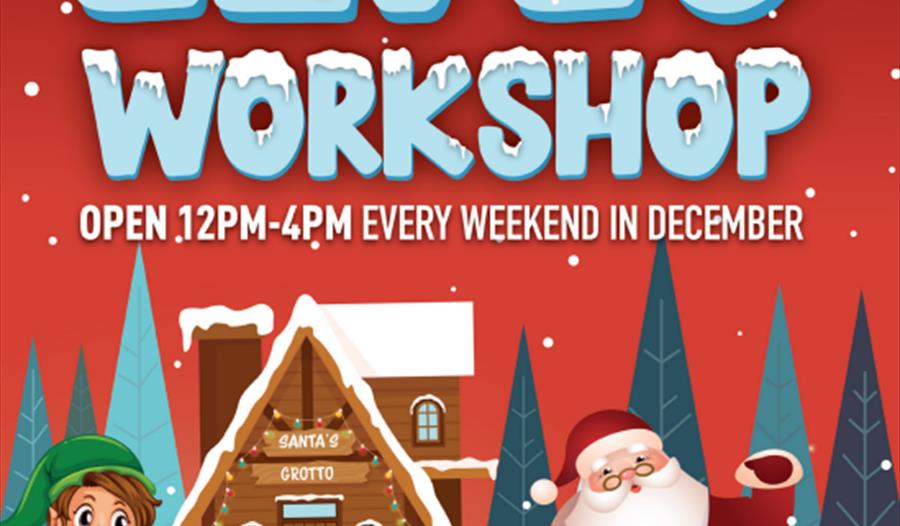Poster showing the Evles' Workshop at Playland - states open 12pm-4pm every weekend in December