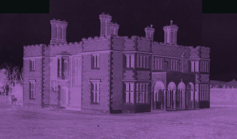 Purple‑tinted historic museum building at night, used to promote “Queer Late at the Museum” event.