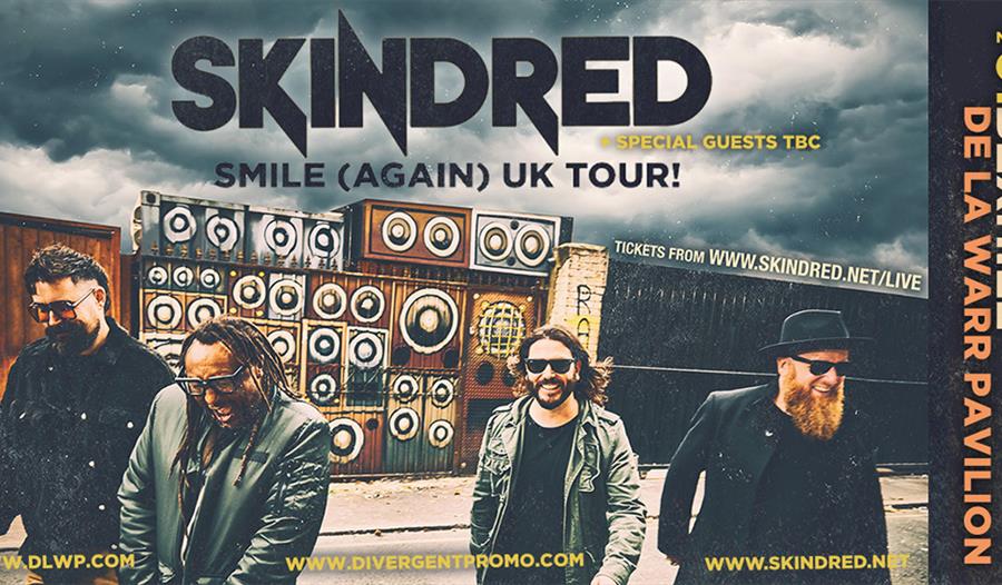 Skindred band performing in front of a wall of speakers