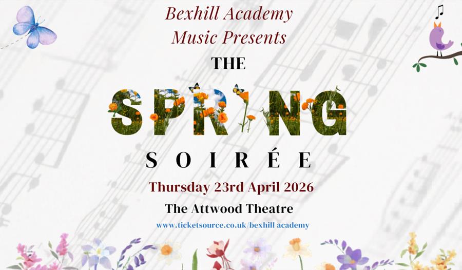 Poster for Bexhill Academy’s Spring Soirée with floral designs and event details for 23 April 2026.