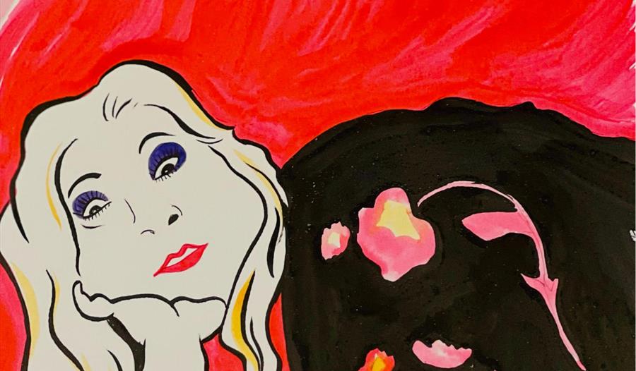 Drawing of a woman with blond hair and black jacket, against a pink background