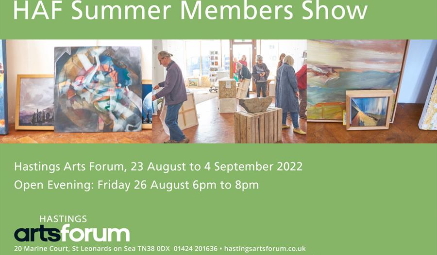 green poster showing large canvas artworks for HAF summer members show