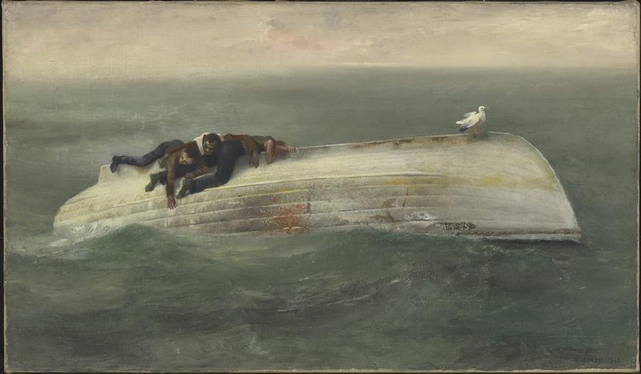 painting by richard eurich titled survivors from a torpedoed ship 1942 shows three men on upturned small boat at sea