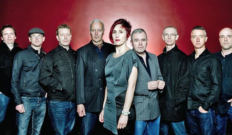 a photograph of the band, the south. nine band members are all lined up before a plain red background. wearing dark suits and coats.