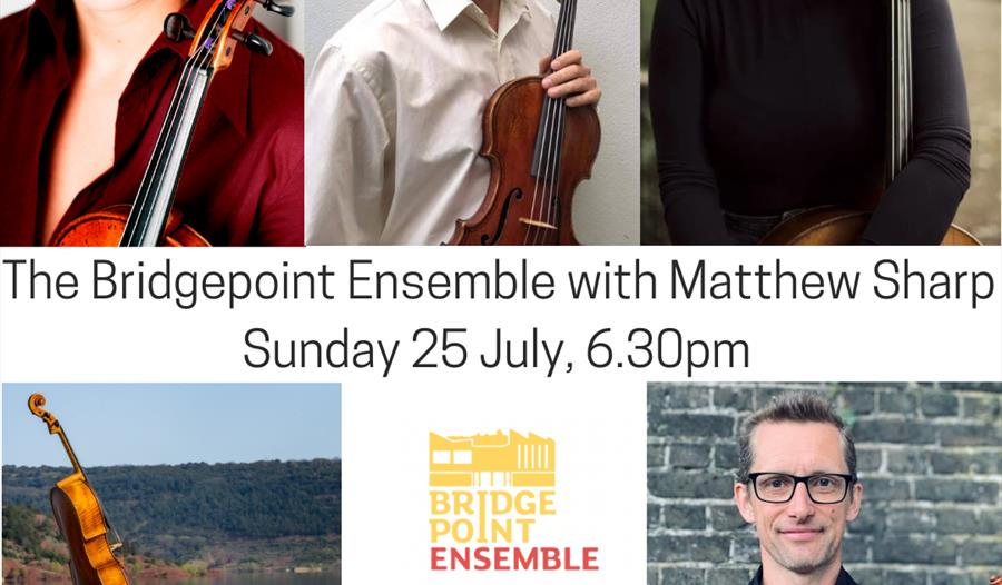 A poster with five portraits of musicians holding their string instruments. Text in centre reads 'The Bridgeport Ensemble with Matthew Sharp, Sunday 2