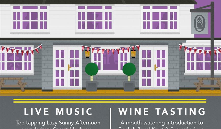 Purple, grey and white image of pub with information about live music and wine tasting