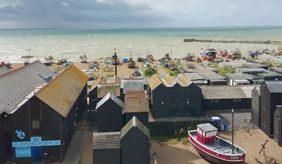birds eye view of fishing huts and boats at Hastings