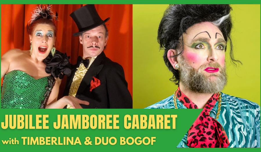 poster showing three cabaret performers in formal dress and bright coloured make up, text says jubilee jamboree cabaret