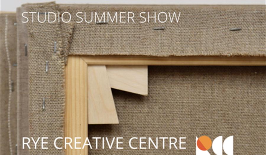 A poster for Margins, the summer show at Rye Creative Centre, Rother, East Sussex. Image shows a close up of a corner of the reverse of a canvas for p