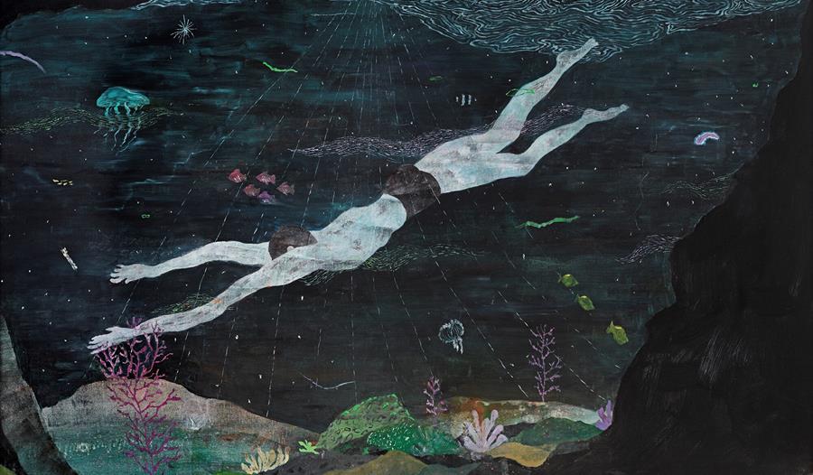 Image shows art related to the undersea exhibition. Image is of a person swimming around the reef in dark water with multiple animals surrounding them
