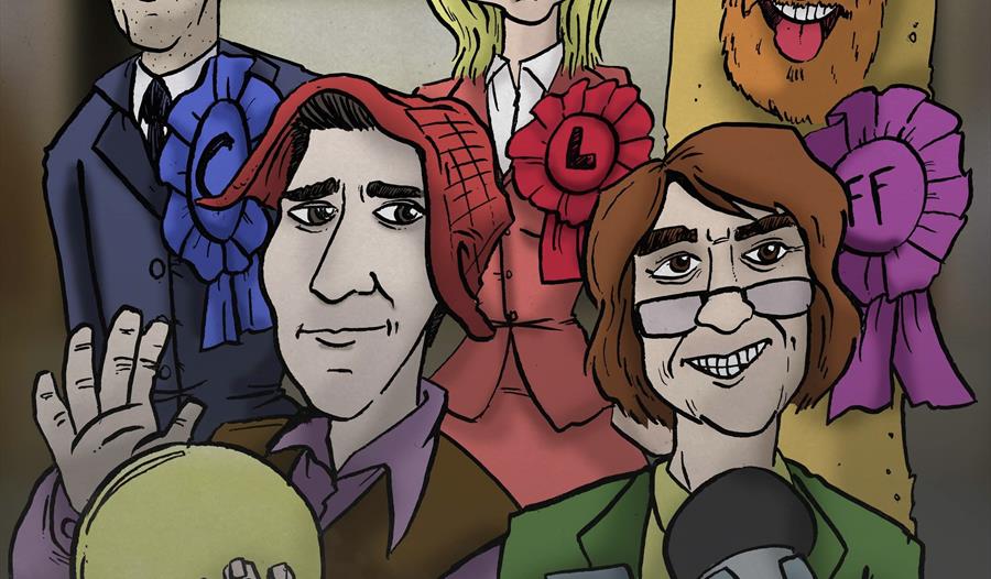 group of cartoon people in front of a microphone