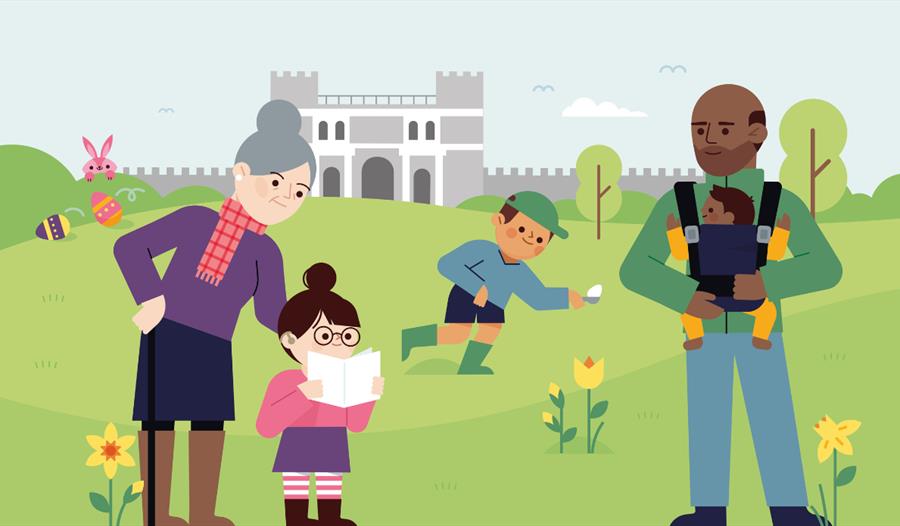 English Heritage graphic of family egg hunting at a castle