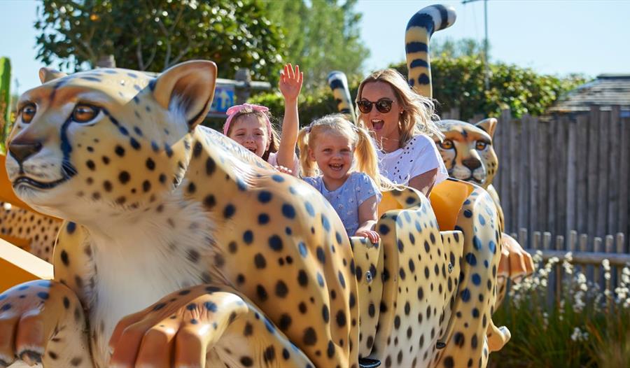 family on a cheetah fairground ride at drusillas park