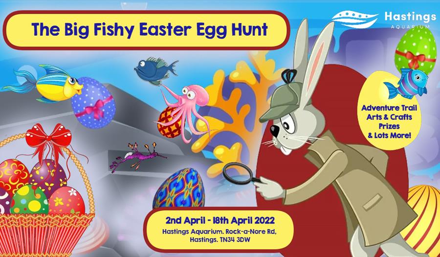 Advert for Big Fishy Easter Egg Hunt - rabbit detective and sea creatures in the background with Easter theme